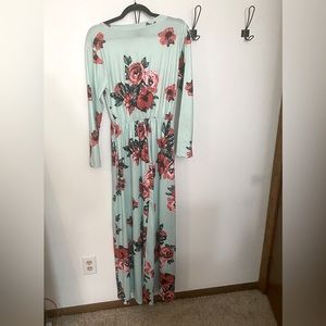 Large Green and Pink Floral Long Sleeve Maxi Dress